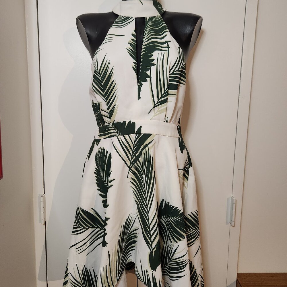 Tropical leaf green and white halter dress